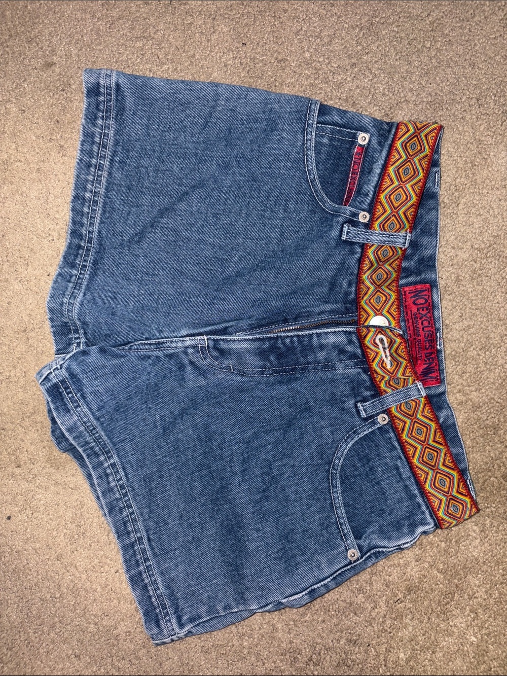 Blue High-Waist Jean Shorts with Patterned Belt